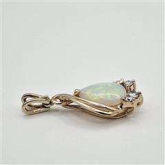 14K Yellow Gold Elegant Pear Cabochon Opal & Diamond Accent Teardrop Pendant